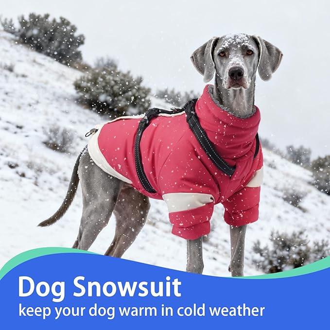 MIGOHI Thermal Large Dog Coat with Harness Waterproof Jacket for Large Dogs,Thick Dog Winter Coat,Snow Jacket for Dogs Windproof for Hunting Camping Chilly Days,Doberman,Great Dane,XXXL,Pink