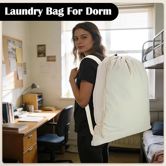 Canvas Laundry Bag with shoulder Strap 24" x 29", Large Drawstring Dirty Clothes Bag Washable Laundry Sack for College Dorm, Travel, Home, Camp (Beige)
