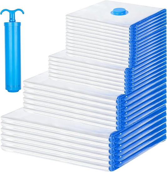 30 Pack Vacuum Storage Bags with Hand Pump, 6Jumbo/ 6Large/ 6Medium/ 6Small/ 6Roll Compression Space Saver Vacuum Seal Bags for Clothing Travel Luggage Comforters Blankets Pillows Bedding