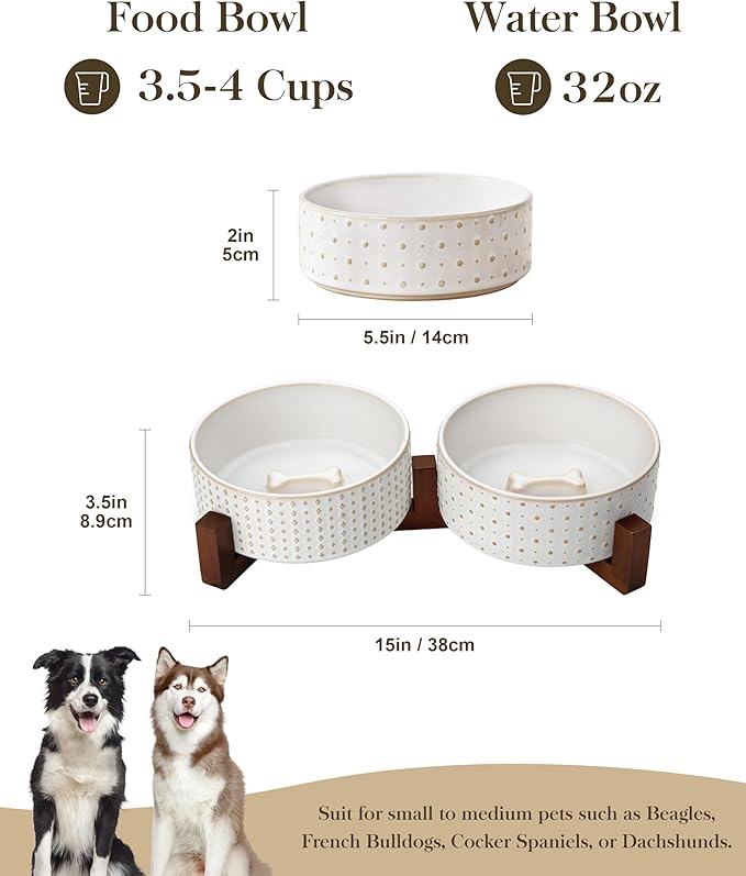 MALACASA Dog Bowl Set with Walnut Wood Stand, 3.5 Cups Ceramic Pet Bowls for Puppy Dogs, Dual Food and Water Bowls with Weighted Non-Slip Base, Basic Bowls for Your Dog or Cat, Rhombic & Polka Dots
