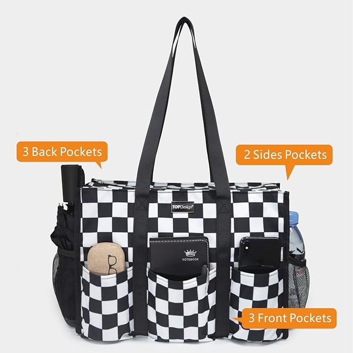 TOPDesign Utility Water Resistant Tote Bag with 13 Pockets, Top Zipper Closure & Thick Bottom Support, for Working Women