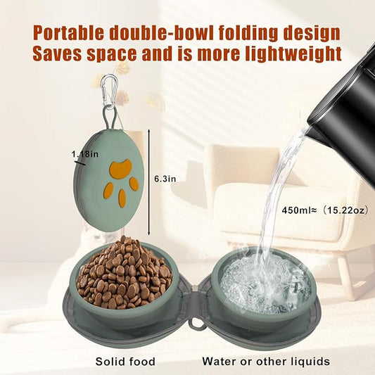 Collapsible Dog Bowls, 2-in-1 Silicone Pet Food and Water Bowl with Carabiner, Portable Double Compartment Dish for Travel, Camping, Hiking Puppy Essentials (Green)