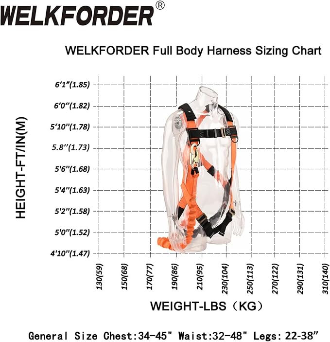 WELKFORDER 2-PACK 1D-Ring Industrial Fall Protection Safety Harness with 6-Foot Shock Absorber Stretchable Lanyard | Permanent attached Kit | ANSI Compliant Personal Fall Arrest System(PFAS)