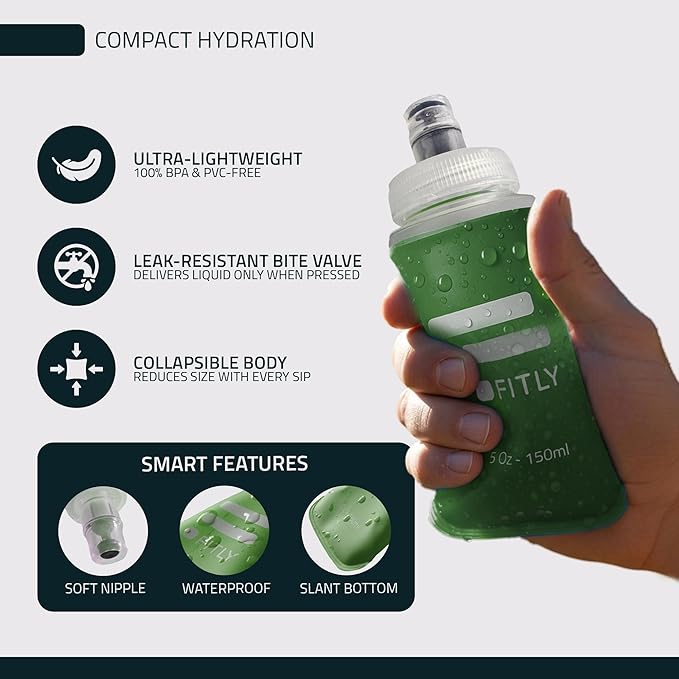 FITLY Soft Flask - Shrink As You Drink Soft Water Bottle for Hydration Pack - Folding Water Bottle Ideal for Running, Hiking, Cycling, Climbing & Rigorous Activity