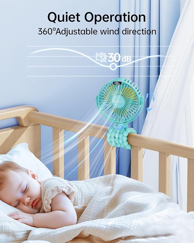 SWEETFULL Portable Stroller Fan with Display 4000mAh Battery Powered Mini Clip On Fan, 4-Speed Rechargeable Small Personal Cooling for Baby Car Seat Crib Travel - Cyan