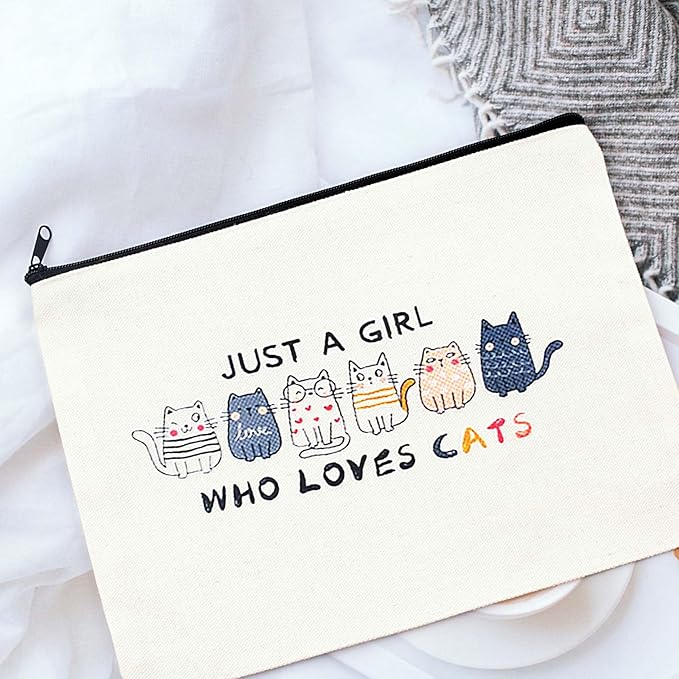 Cat Lovers Makeup Bag Canvas Cosmetic Pouch with Cute Cats Design Just A Girl Who Loves Cats (cat)