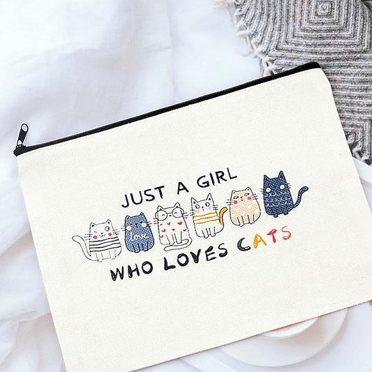 Cat Lovers Makeup Bag Canvas Cosmetic Pouch with Cute Cats Design Just A Girl Who Loves Cats (cat)