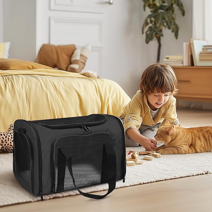 Cat Carrier Soft for Pets Up to 15 Lbs, Cat Travel Bag Soft-Sided with Padded Shoulder Strap, Pet Dog Carriers for Small Dogs Travel Puppy Carry Airline Approved, Black