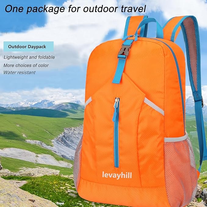 25L Foldable Hiking Backpack Lightweight Packable Basic-Daypack Collapsible Bag Water-Resistant Travel Men Women Camping Cycling Outdoor (Orange)