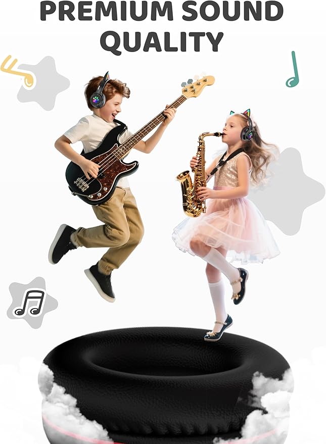 MIDOLA Kids Headphones Cat Ear Wireless Bluetooth 5.3 60H Over Ear, 8H with Led Light Foldable Headset with Aux 3.5mm Mic for Travel Pad Tablet Black
