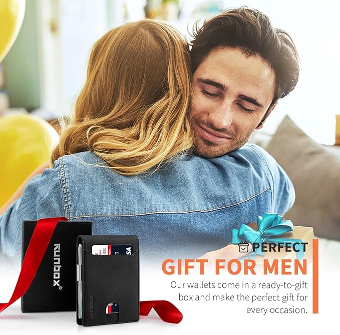 RUNBOX Slim Wallets for Men - Leather Money Clip Mens Wallet - RFID Blocking Front Pocket Bifold Wallet - Thin Credit Card Holder with Gift Box