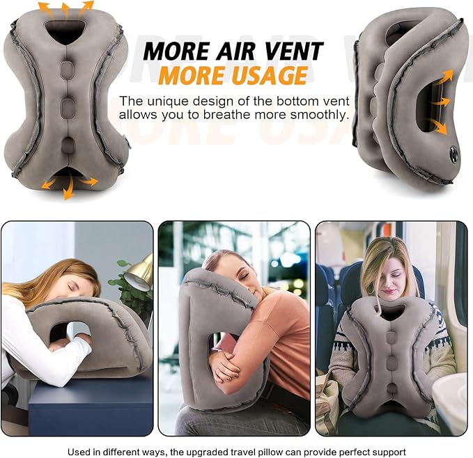 Inflatable Travel Pillow,Multifunction Travel Neck Pillow for Airplane to Avoid Neck and Shoulder Pain,Support Head,Neck,Used for Sleeping Rest, Airplane and Home Use,with Eye Mask, Earplugs,Gray