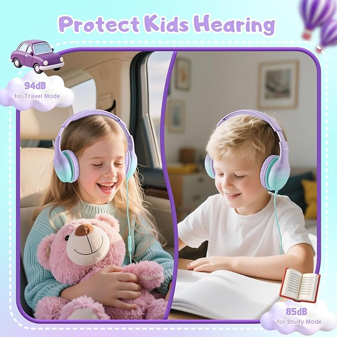 USB Type C Kids Headphones, Wired Headphones for Kids with Microphone 85/94dB Volume Limit, Stereo Sound Portable Over Ear Headphones for School/Travel/Tablet/iPad, Green Violet
