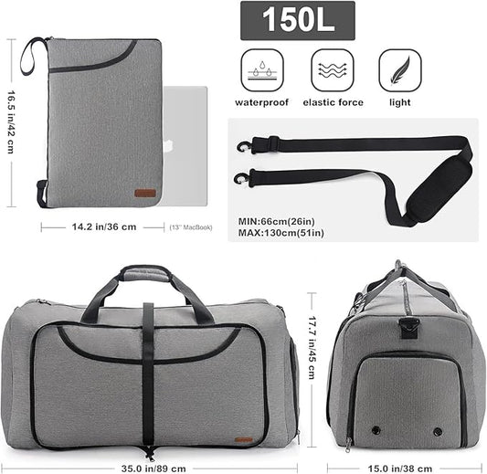 150L Duffle Bag for Travel, Extra Large Foldable Waterproof Travel Duffel Bags Weekender Overnight Bag for Men and Women with Shoe Compartment (Gray)