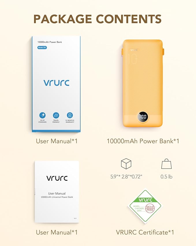 VRURC Portable Charger Built-in Cables and AC Wall Plug, USB C Power Bank 10000mAh, Travel Battery Phone Charger Compact Lightweight External Battery Pack for Smart Phones, Tablets etc-Orange
