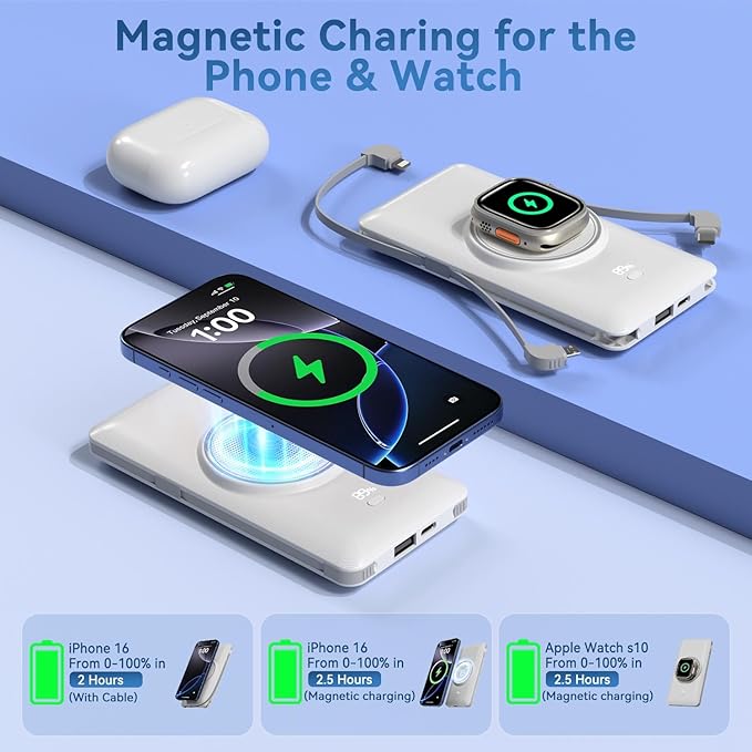 Magnetic 10000mAh Portable Charger for iWatch & iPhone, 22.5W USB C Fast Charging Wireless Power Bank Built-in Cables and Wall Plug, External Travel Battery Pack Compatible with iOS Android Devices