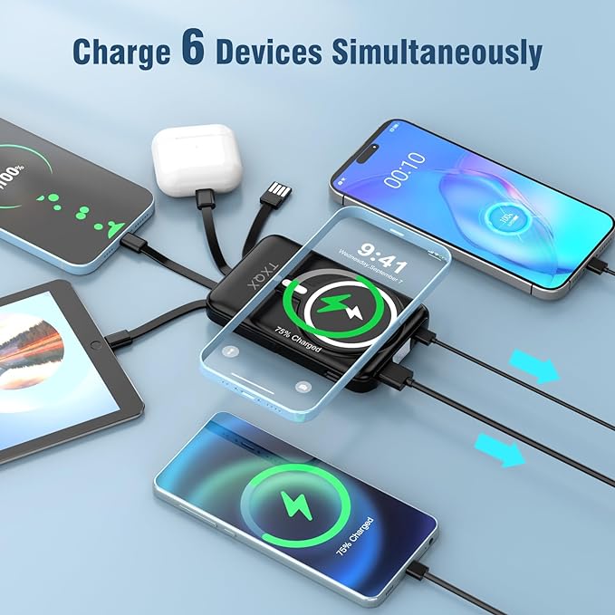 Wireless Portable Charger 10000mAh,Magnetic Power Bank with Built-in Cables LED Display,22.5W PD Fast Charging for Magsafe Battery Pack Compatible with iPhone 17/16/15/14/13/12/Pro/Pro Max