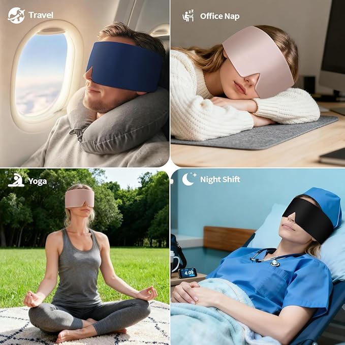 Sleep Mask for Adult Blackout: Reversible Dual-Sided Eye Mask with Adjustable Band - Soft Cotton and Silky Cooling Blindfold for Women Men Travel Nap Meditation （Black）