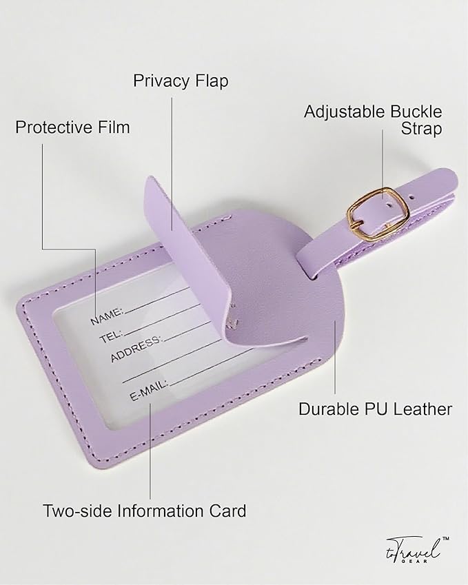 Luggage Tags for Suitcases,2 Pack PU Leather Privacy Protection Bag Tags Travel Accessories Essentials,Lavender