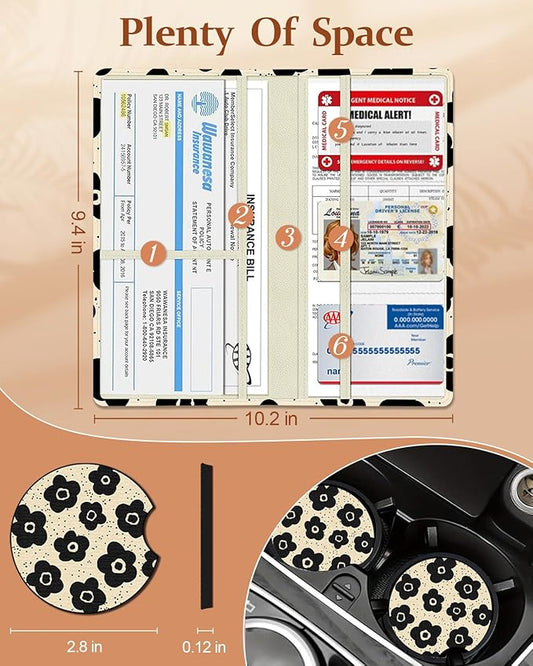 Slohif Car Registration and Insurance Card Holder - Black Flower Vehicle Glove Box Organizer Women with Magnetic Shut Leather Automobile License Holders Coasters Auto Accessories Case for Document