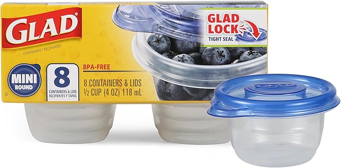 Glad GladWare Mini Round Food Storage Containers - Small Meal Container Holds up to 4 Ounces of Food - Lock Tight Seal, 8 Count