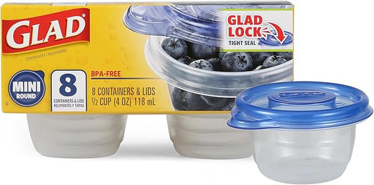 Glad GladWare Mini Round Food Storage Containers - Small Meal Container Holds up to 4 Ounces of Food - Lock Tight Seal, 8 Count