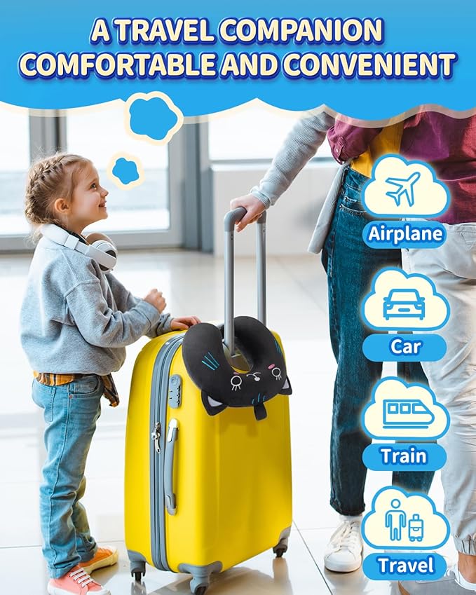 Memory Foam Kids Travel Pillow, Kids Neck Pillows for Travel Car, Cute Airplane Pillow, Washable (Black Cat, 3-5 Y/O)