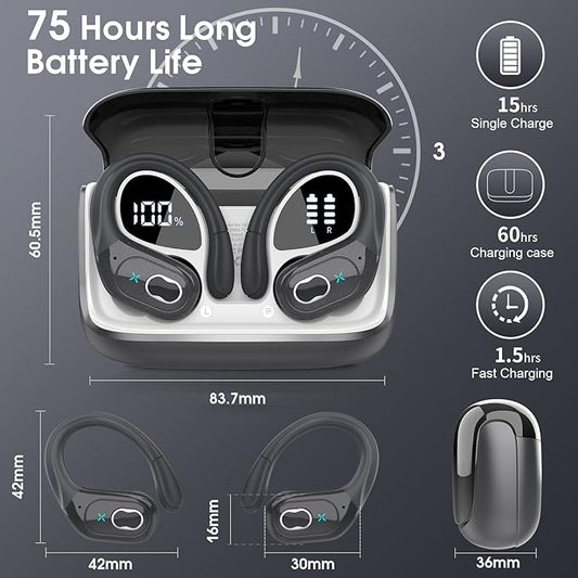 Wireless Earbuds 75hrs Bluetooth 5.4 Headphone Sport, 2026 Bluetooth Earbuds Stereo Deep Bass Over Ear Bud with Earhooks, ENC Noise Cancelling Mic, IPX7 Waterproof Earphone for Gym, Iron Gray