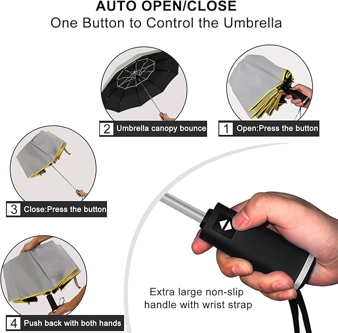 Satol Extra Large Golf Umbrella, 46/54/62 Inch Windproof 10 Ribs Vented Double Canopy Reflective Strips Automatic Open/Close Waterproof UV Protection Portable Compact Umbrella for Outdoor & Travel