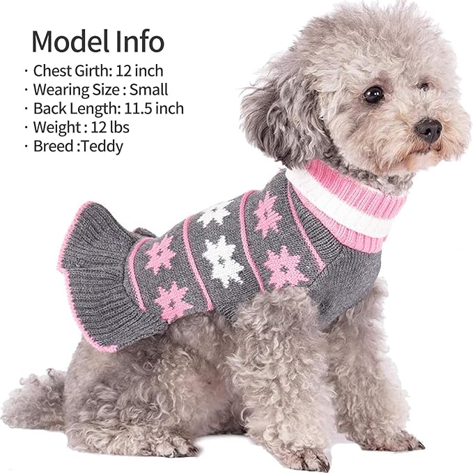 KYEESE Dog Sweater Fall Winter Dogs Clothes Warm Dog Coats Knit Turtleneck Pet Sweater Dress with Classic Snowflake Pattern Pullover for Girl Pet Sweater with Leash Hole for Small Dogs, Grey, Small