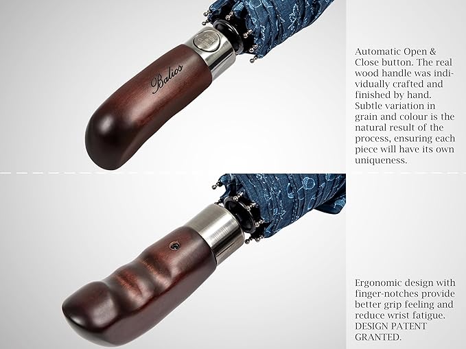 Balios Travel Folding Umbrella with Real Wood Handle Auto Open Close Vented Windproof Canopy - Designed in UK