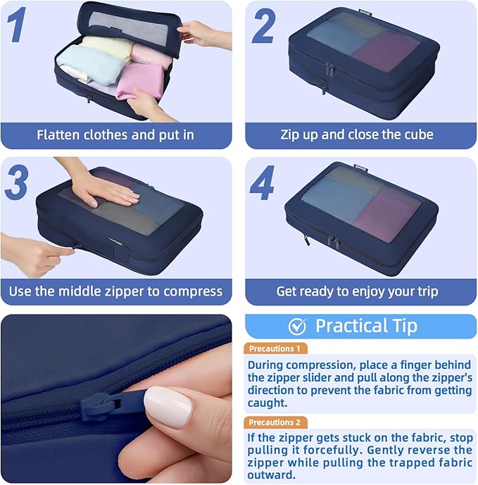 BAGAIL 4 Set/6 Set/8 Set Compression Packing Cubes Travel Accessories Expandable Packing Organizers (Square Mesh, 06-Navy)