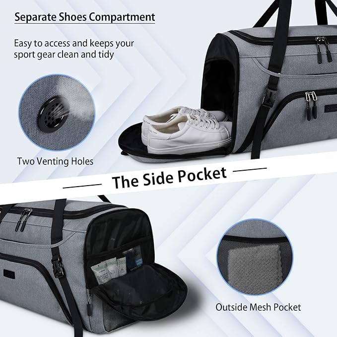 Gym Duffle Bag for Women Men 40L Waterproof Sports Bags Travel Duffel Bags with Shoe Compartment,Wet Pocket Large Weekender Overnight Bag with Toiletry Bag,Grey
