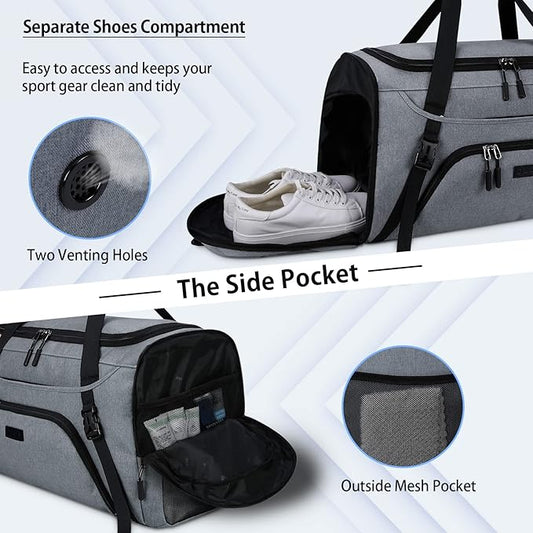 Gym Duffle Bag for Women Men 40L Waterproof Sports Bags Travel Duffel Bags with Shoe Compartment,Wet Pocket Large Weekender Overnight Bag with Toiletry Bag,Grey
