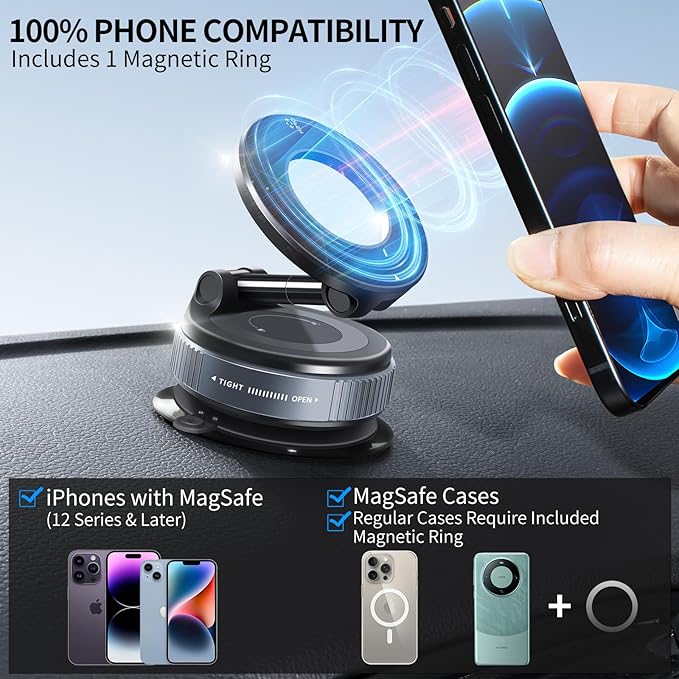 Vacuum Suction Magnetic Phone Holder, 2025 Upgraded Foldable Retractable Suction Cup Car Phone Mount for Magsafe, 360° Adjustable Magnetic Phone Stand for Cars/Gyms/Mirrors/Smooth Surface