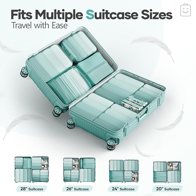 Veken 11 Set Compression Packing Cubes for Travel Essentials,Compressible Expandable Large Luggage Suitcase Organizer Bags for Clothing,Durable Space Saver Storage Bags with Toiletry Bags(Blue Green)