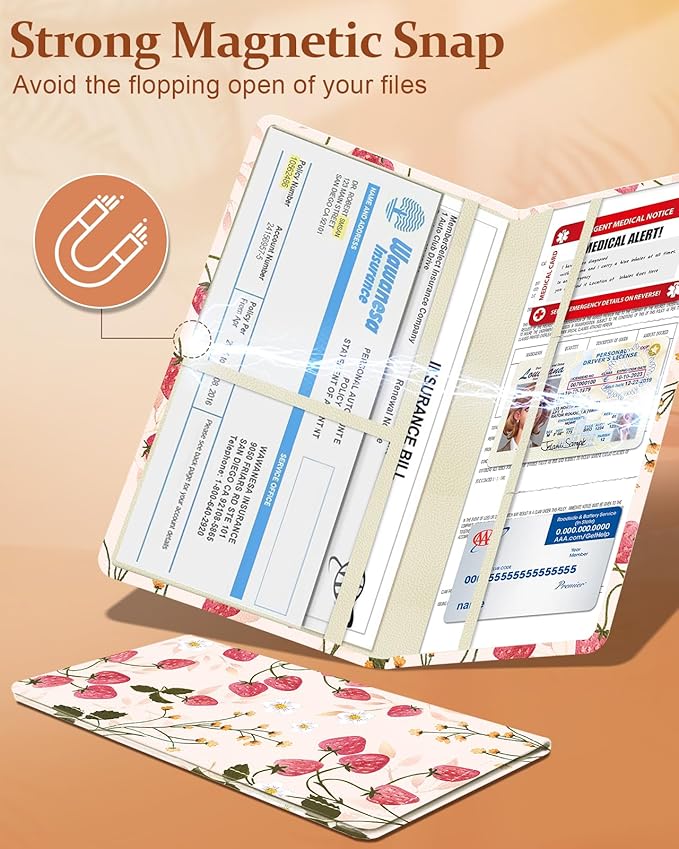 Slohif Car Registration and Insurance Holder - Strawberry Vehicle Glove Box Organizer Women with Magnetic Shut Leather Automobile License Holders Coasters Auto Accessories Case for Document