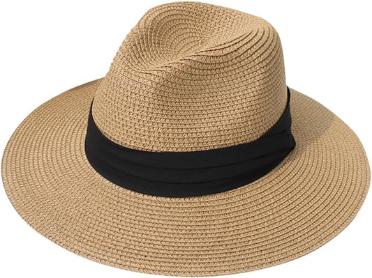 Lanzom Women Wide Brim Straw Panama Roll up Hat Fedora Beach Sun Hat UPF50+