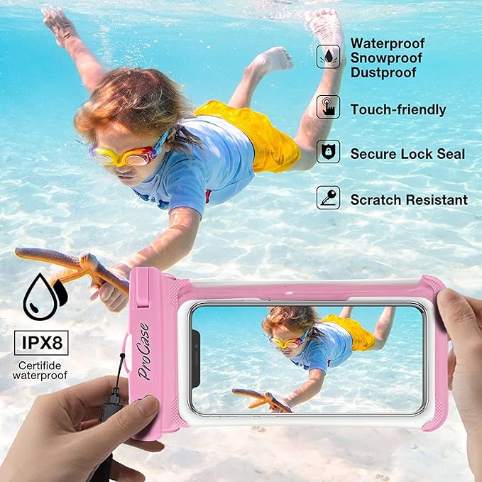 ProCase 2 Pack Waterproof Phone Pouch, Underwater Phone Case Up to 7", Dry Bag for iPhone 17 Air 16 15 14 13 Pro Plus Max, Galaxy S24 S23 S22 Ultra Pixel, Beach Essentials -Pink & Black