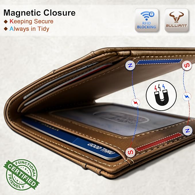 BULLIANT Men Wallet,Slim Leather Wallet Money Clip Magnetic Closure Simplifed Bill Folder 10Cards RFID Blocking 4.3"×3"