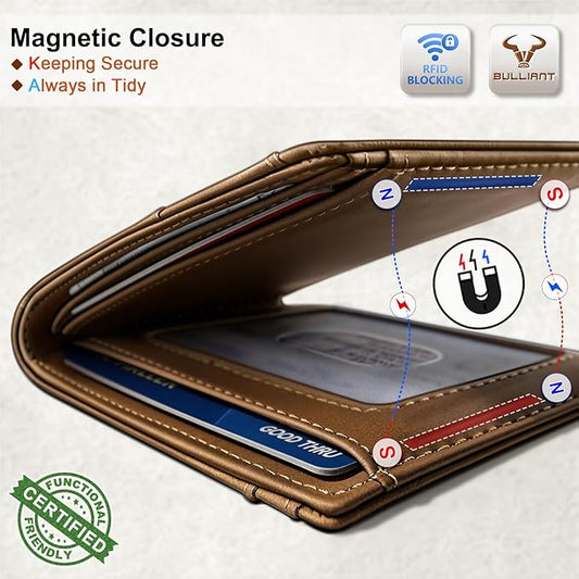 BULLIANT Men Wallet,Slim Leather Wallet Money Clip Magnetic Closure Simplifed Bill Folder 10Cards RFID Blocking 4.3"×3"