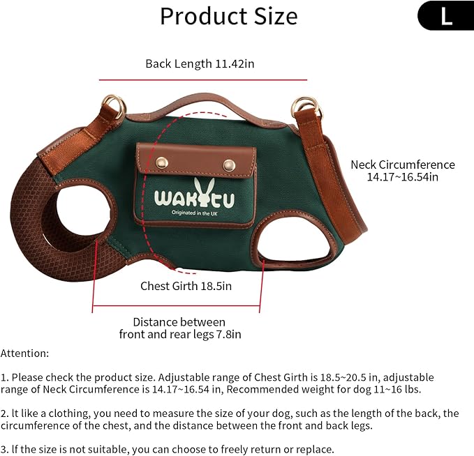 Wakytu Dog Lift Harness Dog Carrier Dog VES Harness Adjustable Dog Leash with Small Puppy Treat Bag（Green,L）