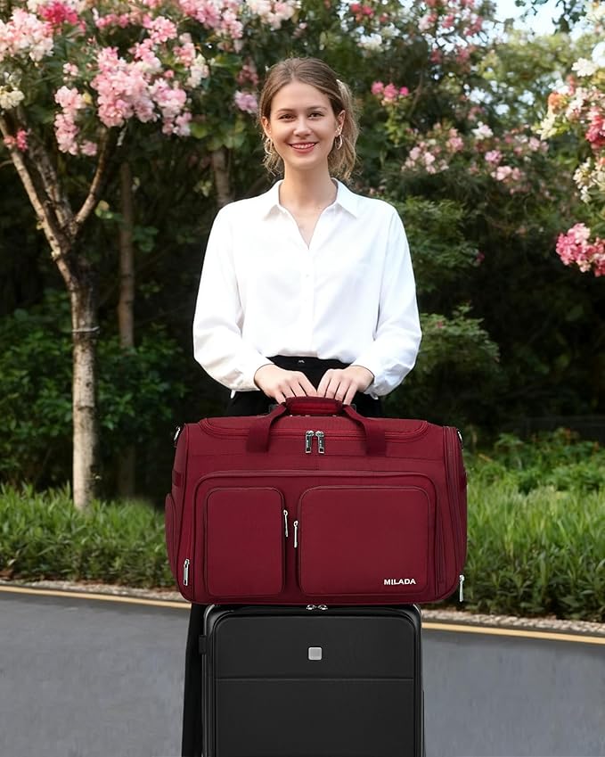MILADA Carry On Luggage Bags for Travel Large Foldable Duffle Bag for Travel Lightweight Personal Bags for Airplanes Weekend Overnight Bags for Women Mens Travel Bag, Burgundy