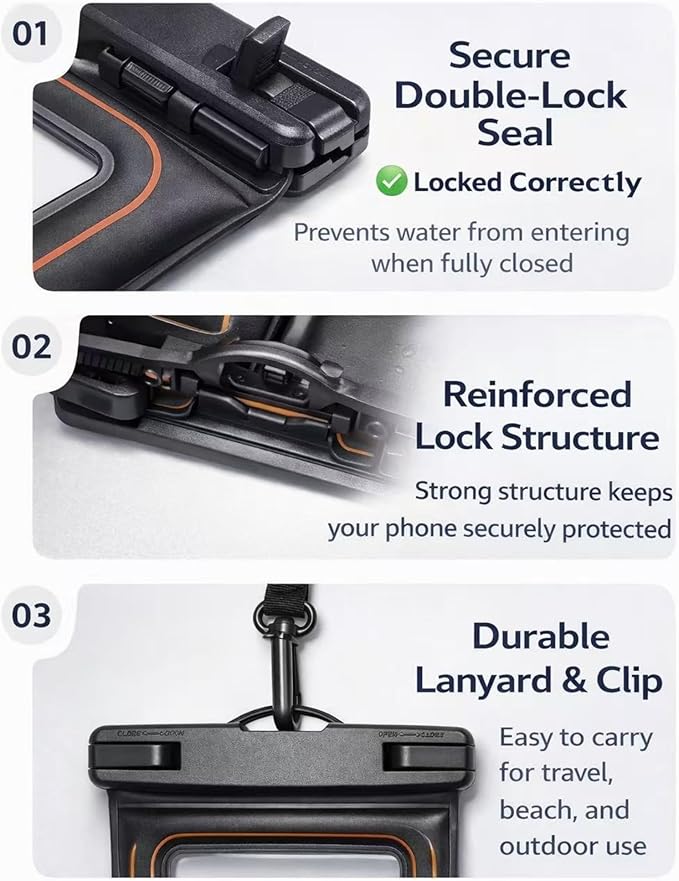 2-Pack IPX8 Floating Waterproof Phone Pouch, Dry Bag with Lanyard, Fits up to 7.2”, Compatible with iPhone 16/15/14/13 Pro Max, Galaxy S25/S24 Ultra, Pixel for Snorkeling, Kayaking(Black-White)