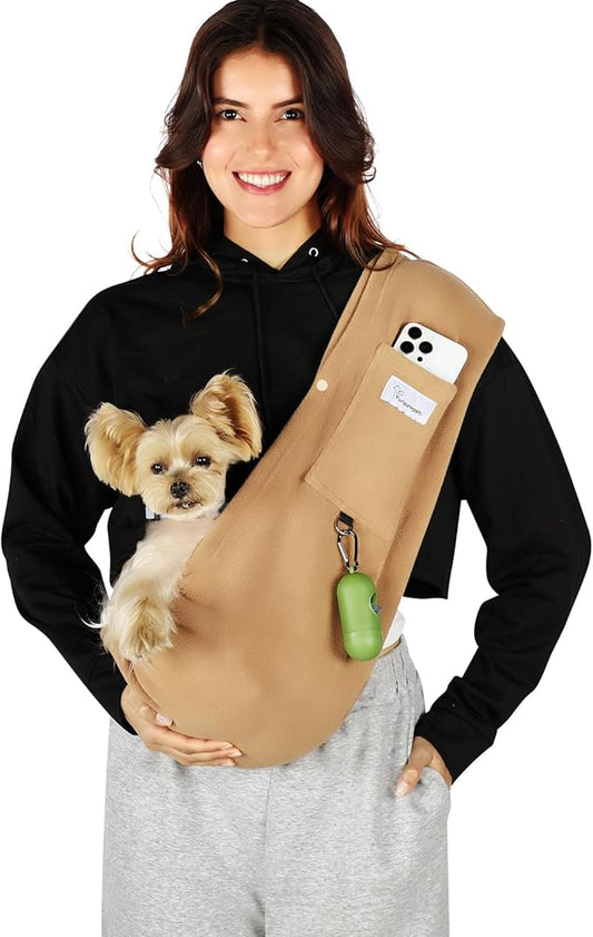 Yunpawpet Dog Carrier Sling,Indoor Comfort Adjustable Cat Sling Carrier,with Front Pocket and Seat Belt Dog Carriers for Small Dogs Machine Washable,Suitable for Family Outdoor Use (Medium, Khaki)