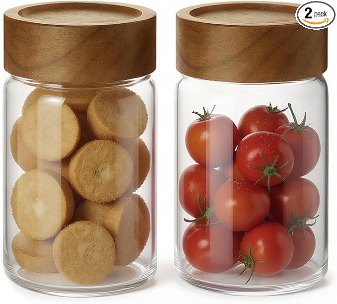 Zoaiirte 2pc Glass Mason Jars with Acacia Wood Airtight Lids - Overnight Oats & Food Storage Container Set, Clear Stackable Leakproof Kitchen Canisters for Meal Prep/Snack Organization/Spice Storage