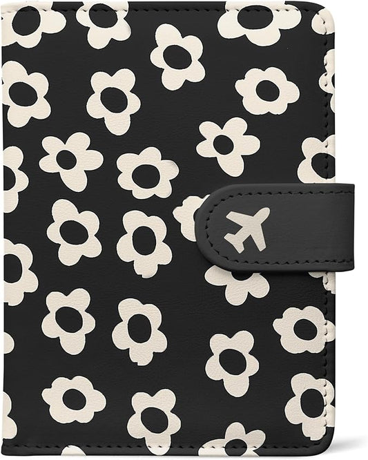 Passport Holder, Travel Wallet Cover with Pen Loop | Cute RFID Blocking Leather Case with Magnetic Closure for Travel Essentials-Flower