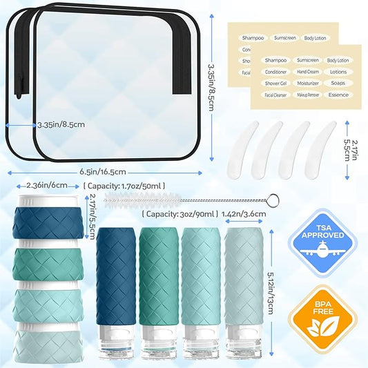 16 Pack Travel Bottles for Toiletries, TSA Approved Travel Size Toiletries Containers Set, BPA-Free Silicone Leak Proof Refillable Bottles Stackable Creams Jars Accessories Kit W/Clear Bag Mint Green