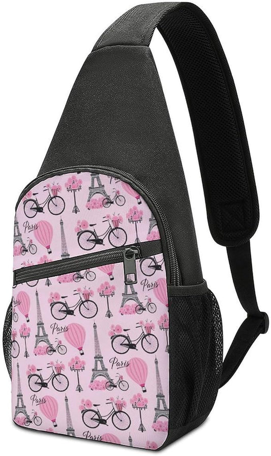 SWEET TANG Lightweight Sling Shoulder Backpack, Adjustable Gym Bags Pink Paris Eiffel Tower, Large Capacity Chest Cross Body Bag Daypack, Outdoor Multipurpose Bag