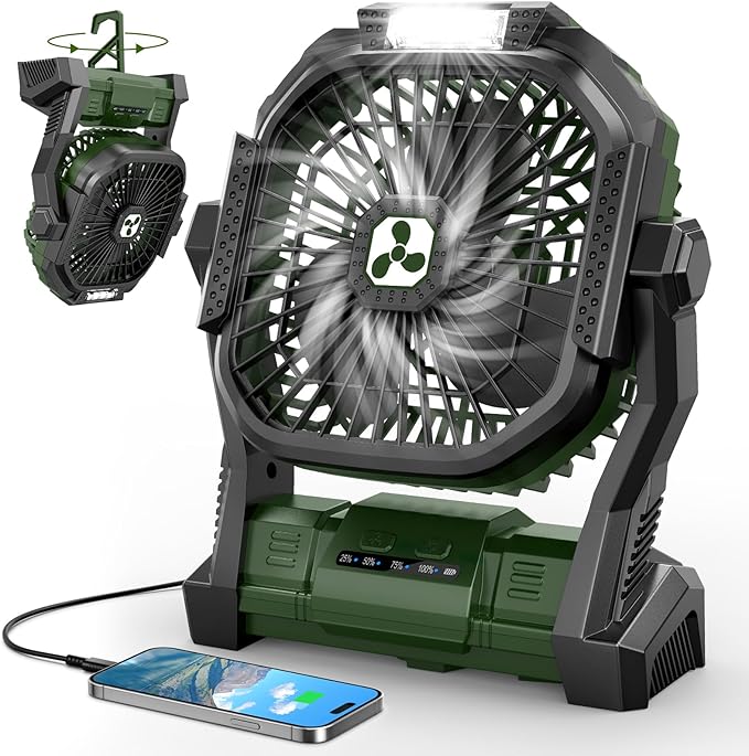 Portable Rechargeable Fan, 20000mAh Cordless Battery Powered Camping Tent Fans with LED Lantern, Small USB C Operated Outdoor Ventilador for Travel Camp Fishing Picnic Home Power Outage Emergency